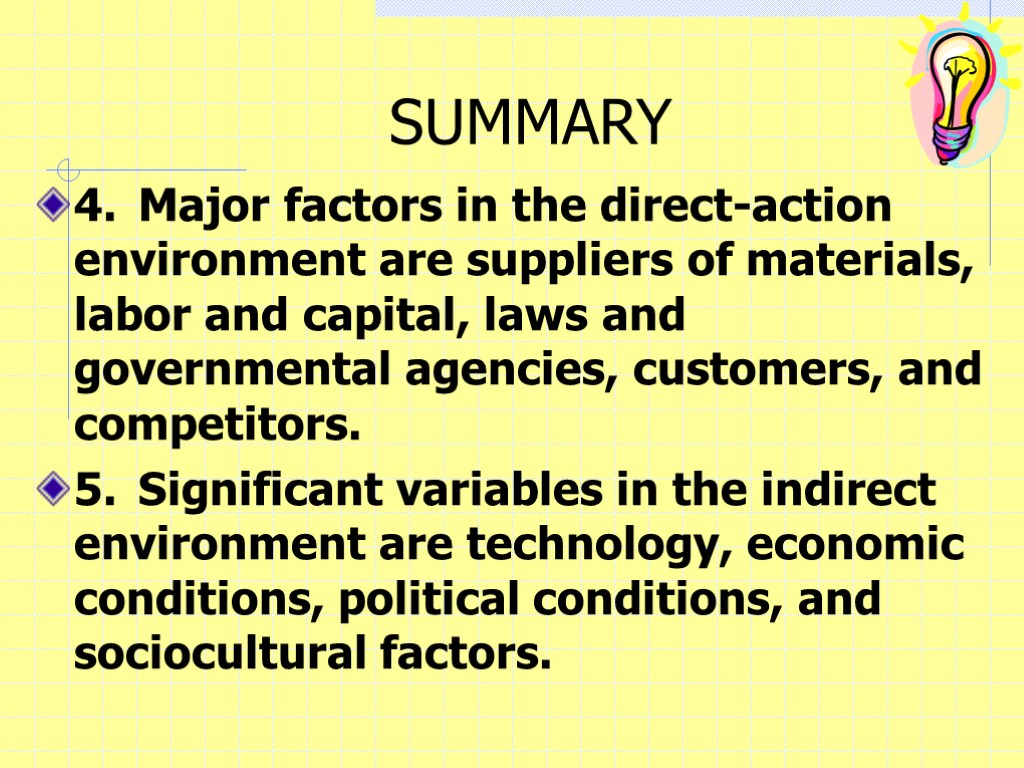 SUMMARY 4. Major factors in the direct-action environment are suppliers of materials, labor and